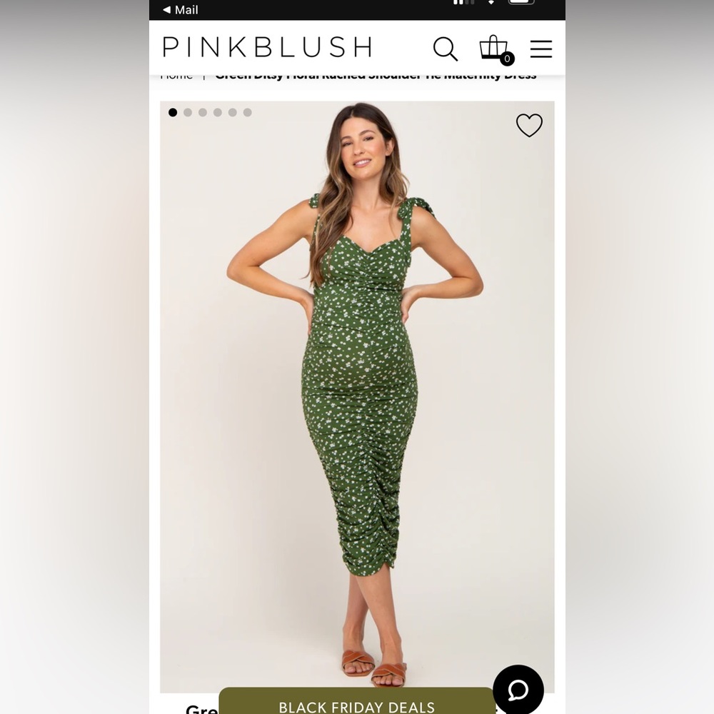 Pinkblush Green Ditsy Floral Ruched Shoulder Tie Maternity Dress Small